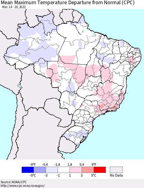 Brazil Mean Maximum Temperature Departure from Normal (CPC) Thematic Map For 3/14/2022 - 3/20/2022