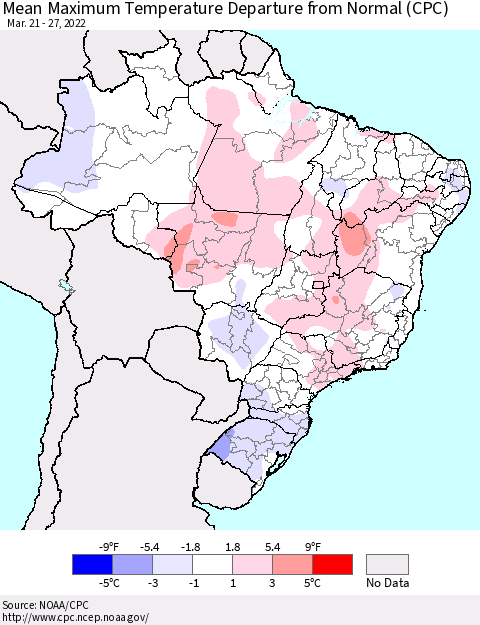 Brazil Mean Maximum Temperature Departure from Normal (CPC) Thematic Map For 3/21/2022 - 3/27/2022