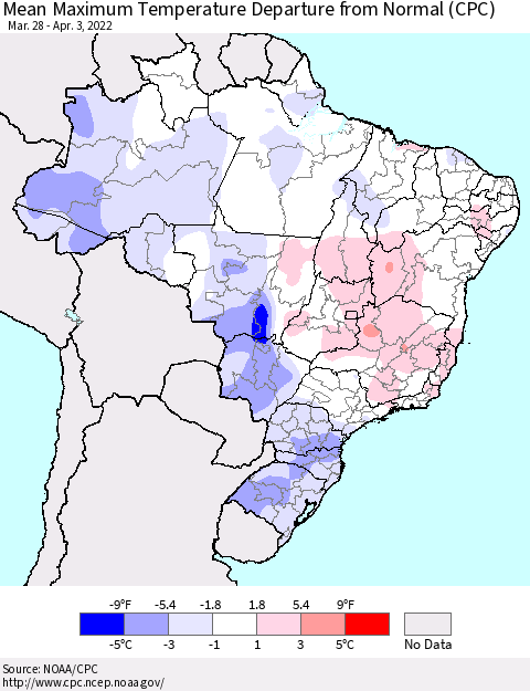 Brazil Mean Maximum Temperature Departure from Normal (CPC) Thematic Map For 3/28/2022 - 4/3/2022