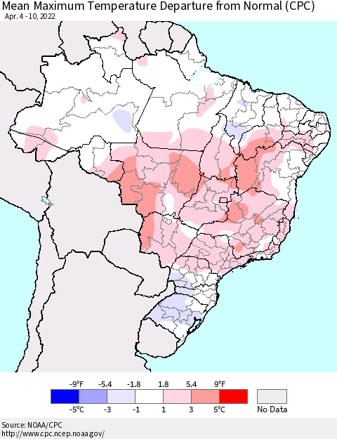 Brazil Mean Maximum Temperature Departure from Normal (CPC) Thematic Map For 4/4/2022 - 4/10/2022
