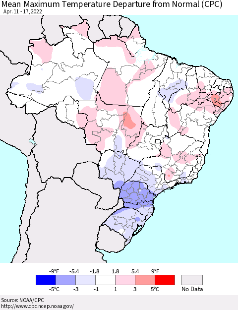 Brazil Mean Maximum Temperature Departure from Normal (CPC) Thematic Map For 4/11/2022 - 4/17/2022