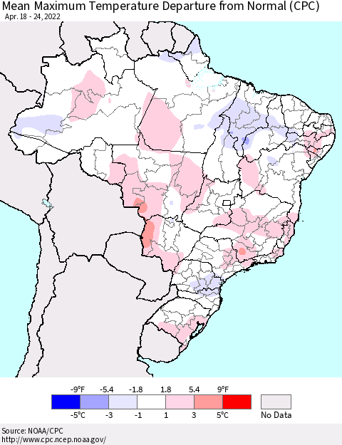 Brazil Mean Maximum Temperature Departure from Normal (CPC) Thematic Map For 4/18/2022 - 4/24/2022