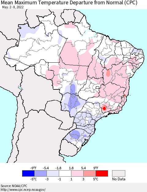 Brazil Mean Maximum Temperature Departure from Normal (CPC) Thematic Map For 5/2/2022 - 5/8/2022