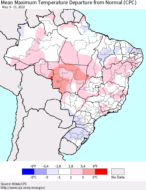 Brazil Mean Maximum Temperature Departure from Normal (CPC) Thematic Map For 5/9/2022 - 5/15/2022