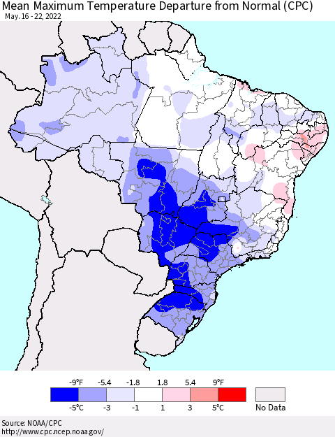 Brazil Mean Maximum Temperature Departure from Normal (CPC) Thematic Map For 5/16/2022 - 5/22/2022