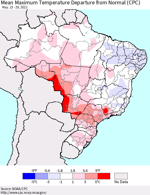 Brazil Mean Maximum Temperature Departure from Normal (CPC) Thematic Map For 5/23/2022 - 5/29/2022