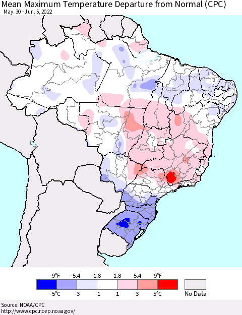 Brazil Mean Maximum Temperature Departure from Normal (CPC) Thematic Map For 5/30/2022 - 6/5/2022