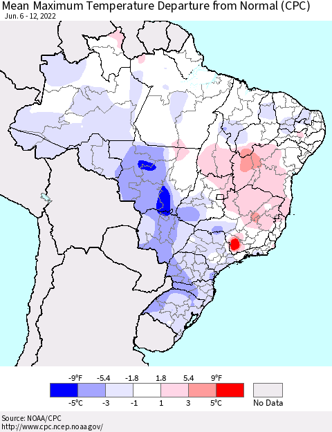 Brazil Mean Maximum Temperature Departure from Normal (CPC) Thematic Map For 6/6/2022 - 6/12/2022
