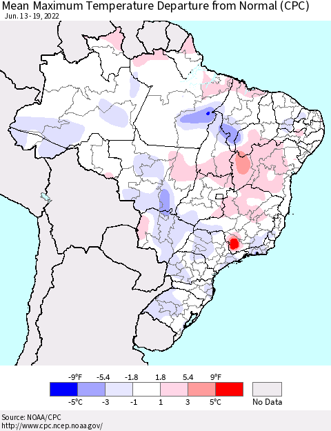 Brazil Mean Maximum Temperature Departure from Normal (CPC) Thematic Map For 6/13/2022 - 6/19/2022