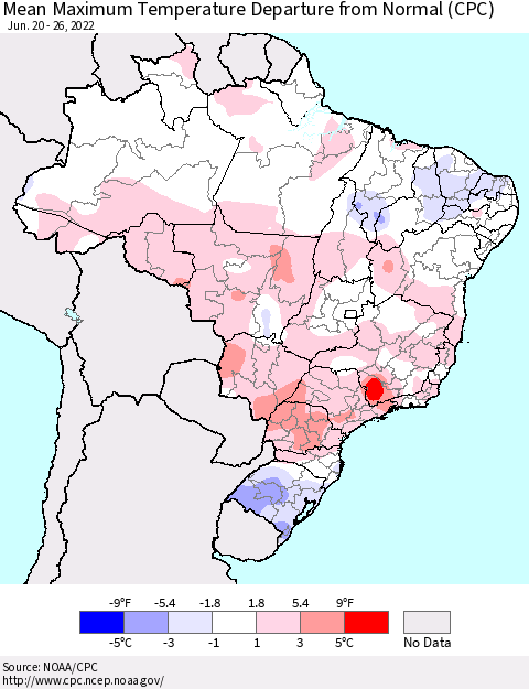 Brazil Mean Maximum Temperature Departure from Normal (CPC) Thematic Map For 6/20/2022 - 6/26/2022