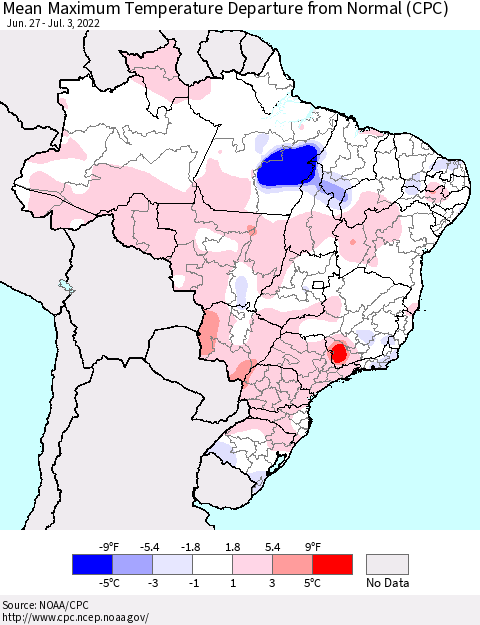 Brazil Mean Maximum Temperature Departure from Normal (CPC) Thematic Map For 6/27/2022 - 7/3/2022