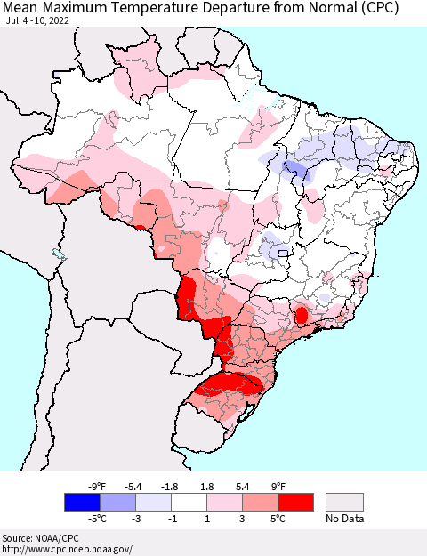 Brazil Mean Maximum Temperature Departure from Normal (CPC) Thematic Map For 7/4/2022 - 7/10/2022