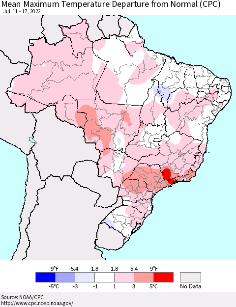 Brazil Mean Maximum Temperature Departure from Normal (CPC) Thematic Map For 7/11/2022 - 7/17/2022