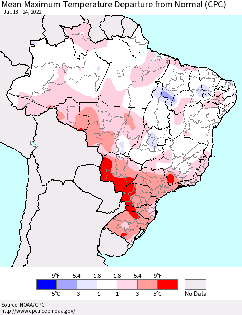 Brazil Mean Maximum Temperature Departure from Normal (CPC) Thematic Map For 7/18/2022 - 7/24/2022