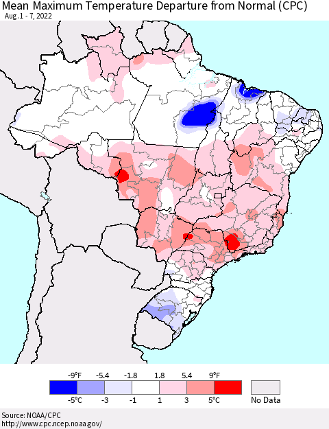 Brazil Mean Maximum Temperature Departure from Normal (CPC) Thematic Map For 8/1/2022 - 8/7/2022
