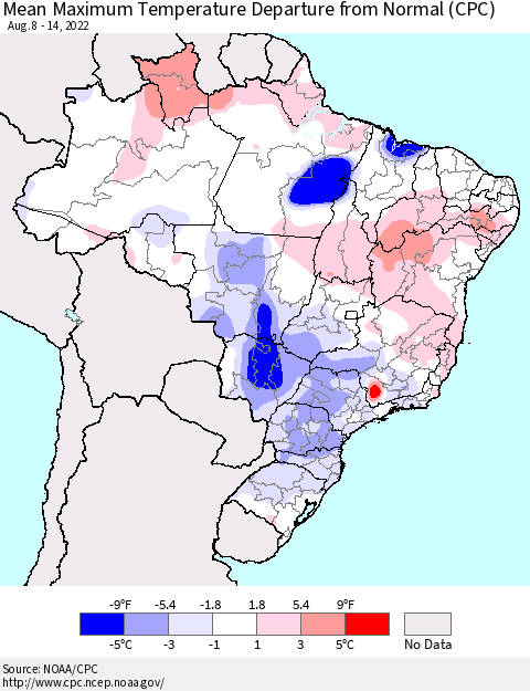 Brazil Mean Maximum Temperature Departure from Normal (CPC) Thematic Map For 8/8/2022 - 8/14/2022