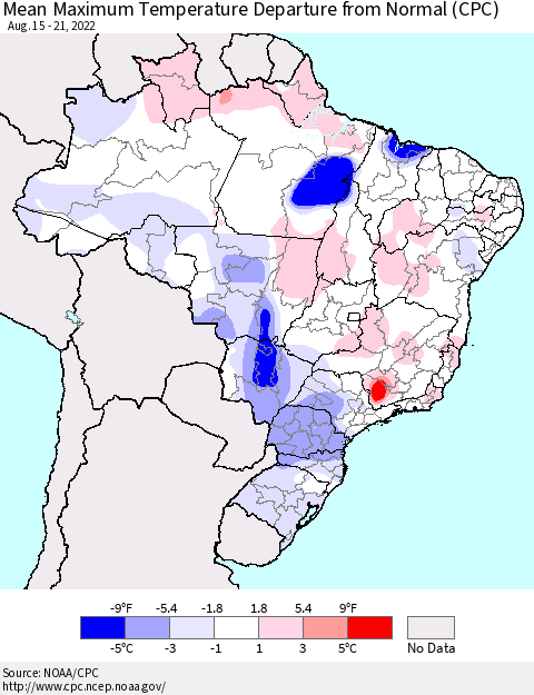 Brazil Mean Maximum Temperature Departure from Normal (CPC) Thematic Map For 8/15/2022 - 8/21/2022