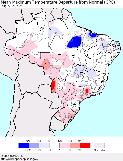 Brazil Mean Maximum Temperature Departure from Normal (CPC) Thematic Map For 8/22/2022 - 8/28/2022