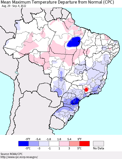 Brazil Mean Maximum Temperature Departure from Normal (CPC) Thematic Map For 8/29/2022 - 9/4/2022