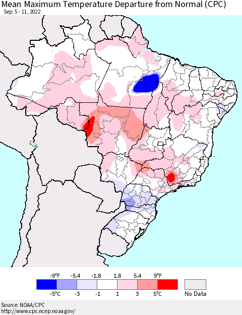Brazil Mean Maximum Temperature Departure from Normal (CPC) Thematic Map For 9/5/2022 - 9/11/2022