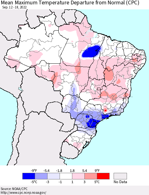 Brazil Mean Maximum Temperature Departure from Normal (CPC) Thematic Map For 9/12/2022 - 9/18/2022