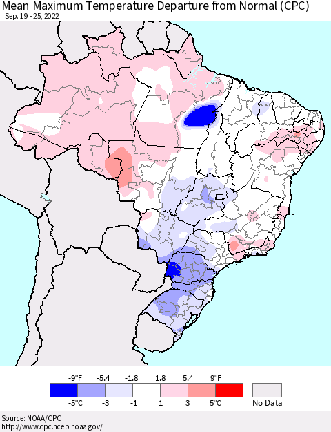 Brazil Mean Maximum Temperature Departure from Normal (CPC) Thematic Map For 9/19/2022 - 9/25/2022