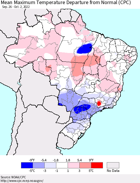Brazil Mean Maximum Temperature Departure from Normal (CPC) Thematic Map For 9/26/2022 - 10/2/2022