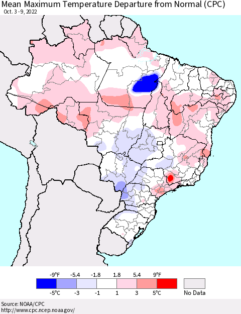 Brazil Mean Maximum Temperature Departure from Normal (CPC) Thematic Map For 10/3/2022 - 10/9/2022