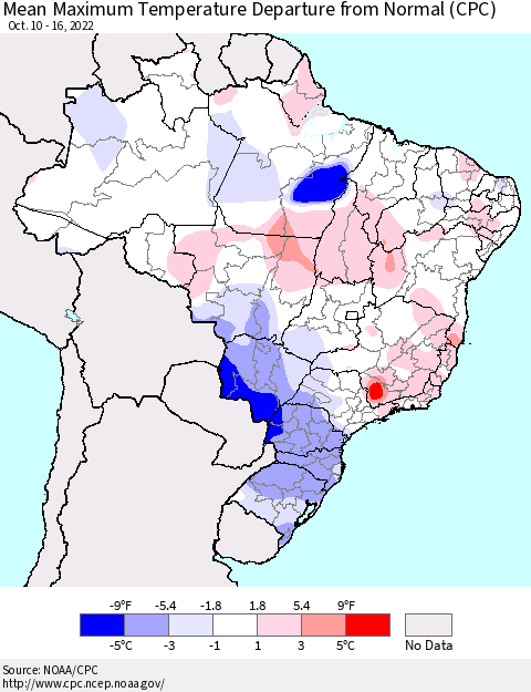 Brazil Mean Maximum Temperature Departure from Normal (CPC) Thematic Map For 10/10/2022 - 10/16/2022