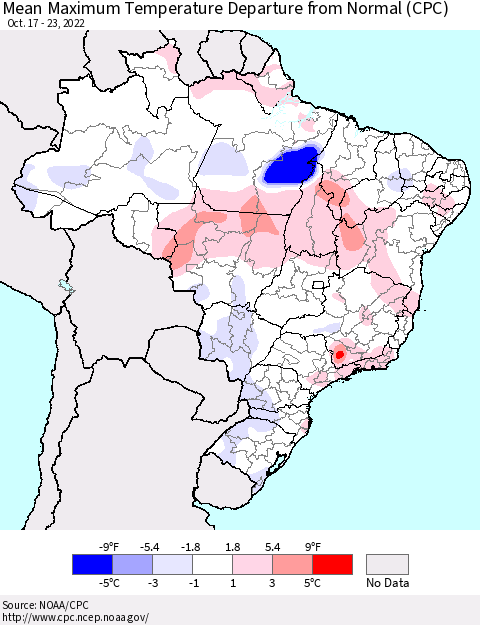 Brazil Mean Maximum Temperature Departure from Normal (CPC) Thematic Map For 10/17/2022 - 10/23/2022