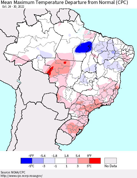 Brazil Mean Maximum Temperature Departure from Normal (CPC) Thematic Map For 10/24/2022 - 10/30/2022