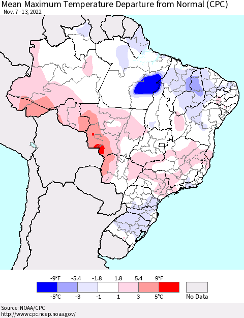 Brazil Mean Maximum Temperature Departure from Normal (CPC) Thematic Map For 11/7/2022 - 11/13/2022