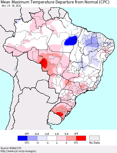Brazil Mean Maximum Temperature Departure from Normal (CPC) Thematic Map For 11/14/2022 - 11/20/2022