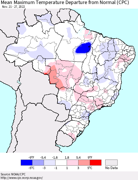 Brazil Mean Maximum Temperature Departure from Normal (CPC) Thematic Map For 11/21/2022 - 11/27/2022