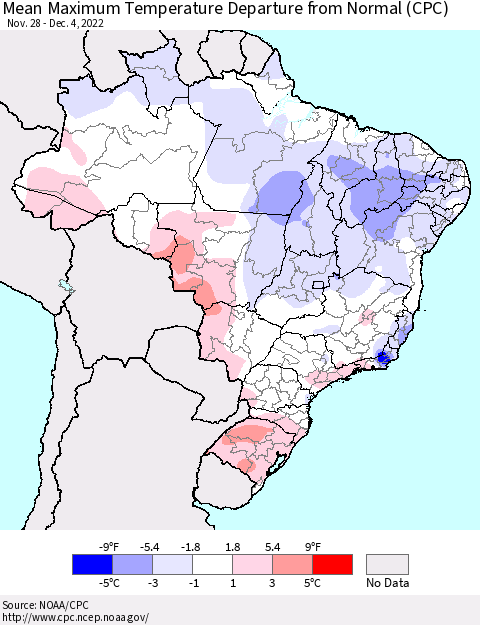 Brazil Mean Maximum Temperature Departure from Normal (CPC) Thematic Map For 11/28/2022 - 12/4/2022