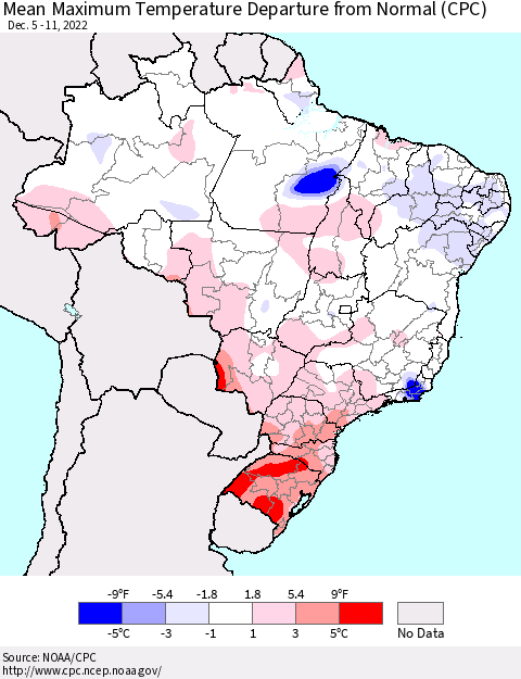 Brazil Mean Maximum Temperature Departure from Normal (CPC) Thematic Map For 12/5/2022 - 12/11/2022