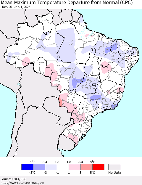 Brazil Mean Maximum Temperature Departure from Normal (CPC) Thematic Map For 12/26/2022 - 1/1/2023