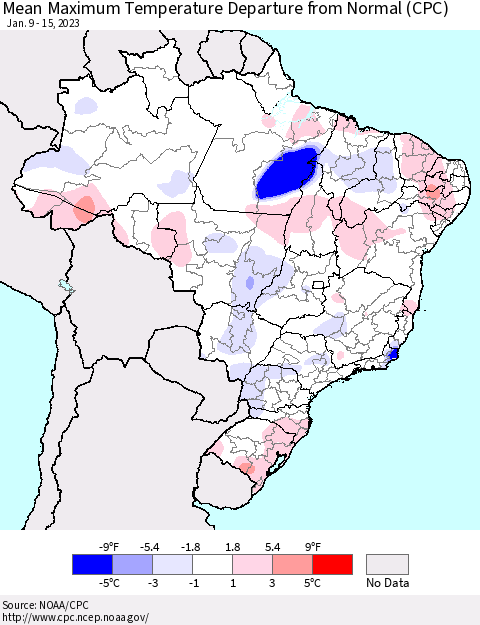 Brazil Mean Maximum Temperature Departure from Normal (CPC) Thematic Map For 1/9/2023 - 1/15/2023