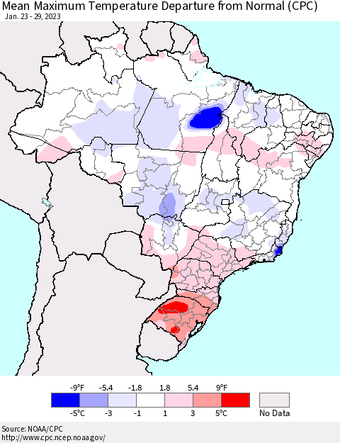 Brazil Mean Maximum Temperature Departure from Normal (CPC) Thematic Map For 1/23/2023 - 1/29/2023