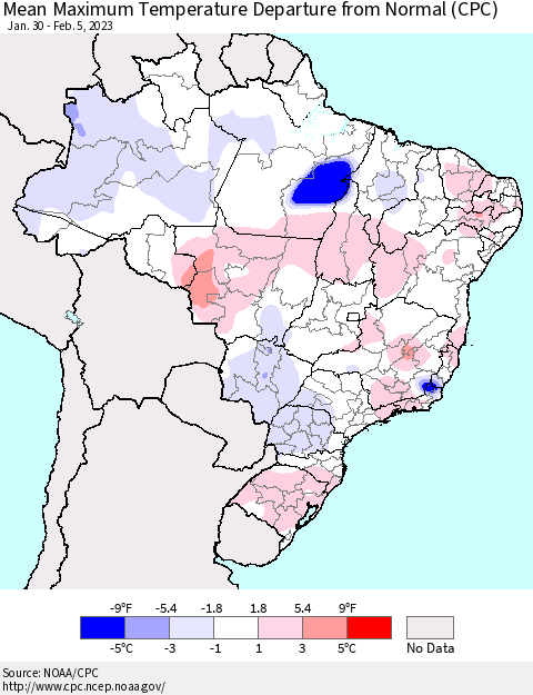 Brazil Mean Maximum Temperature Departure from Normal (CPC) Thematic Map For 1/30/2023 - 2/5/2023