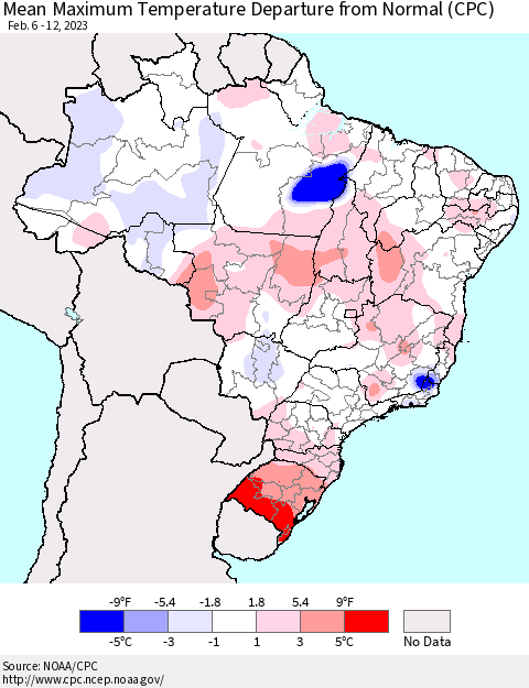 Brazil Mean Maximum Temperature Departure from Normal (CPC) Thematic Map For 2/6/2023 - 2/12/2023