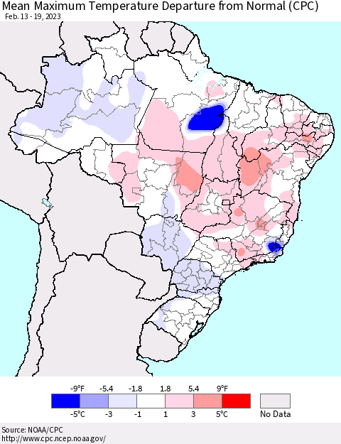 Brazil Mean Maximum Temperature Departure from Normal (CPC) Thematic Map For 2/13/2023 - 2/19/2023