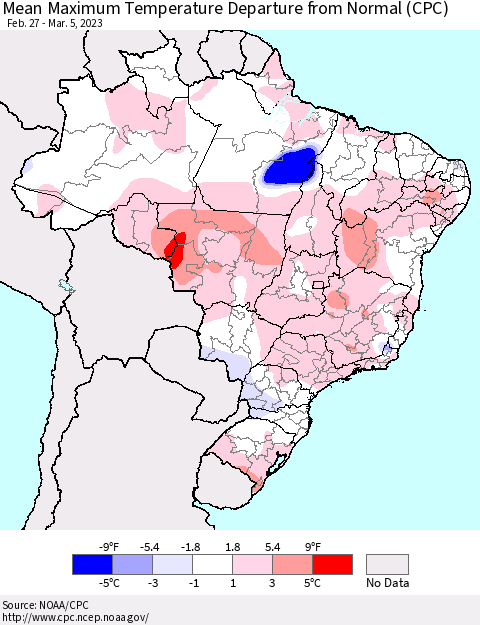 Brazil Mean Maximum Temperature Departure from Normal (CPC) Thematic Map For 2/27/2023 - 3/5/2023