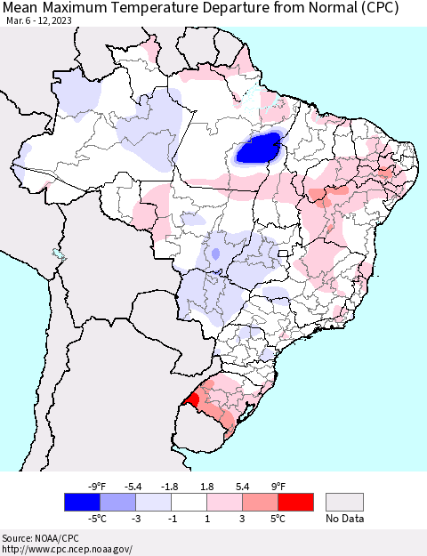 Brazil Mean Maximum Temperature Departure from Normal (CPC) Thematic Map For 3/6/2023 - 3/12/2023