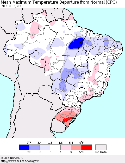 Brazil Mean Maximum Temperature Departure from Normal (CPC) Thematic Map For 3/13/2023 - 3/19/2023