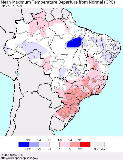 Brazil Mean Maximum Temperature Departure from Normal (CPC) Thematic Map For 3/20/2023 - 3/26/2023