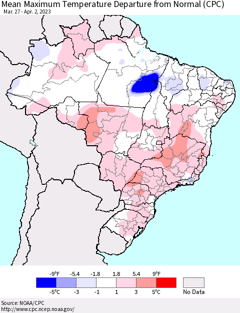 Brazil Mean Maximum Temperature Departure from Normal (CPC) Thematic Map For 3/27/2023 - 4/2/2023