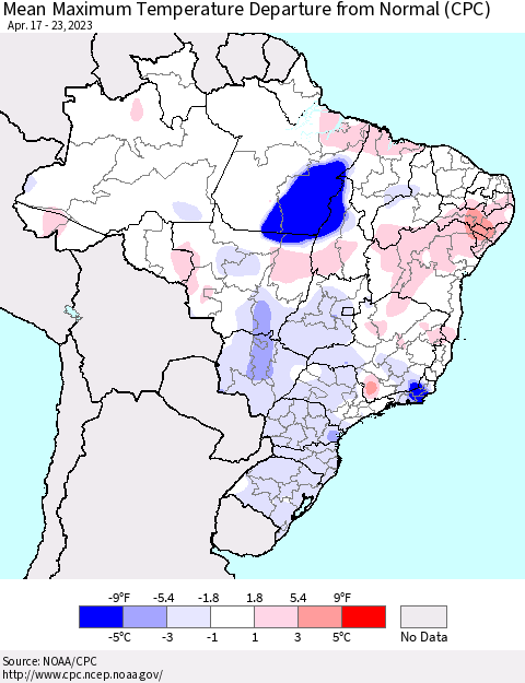 Brazil Mean Maximum Temperature Departure from Normal (CPC) Thematic Map For 4/17/2023 - 4/23/2023