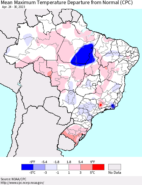 Brazil Mean Maximum Temperature Departure from Normal (CPC) Thematic Map For 4/24/2023 - 4/30/2023