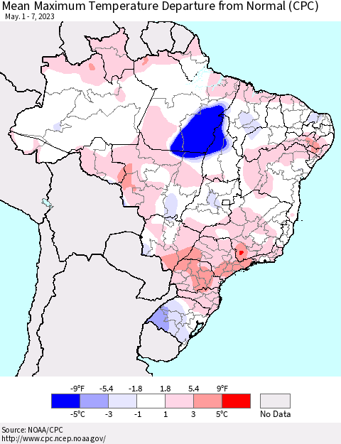 Brazil Mean Maximum Temperature Departure from Normal (CPC) Thematic Map For 5/1/2023 - 5/7/2023